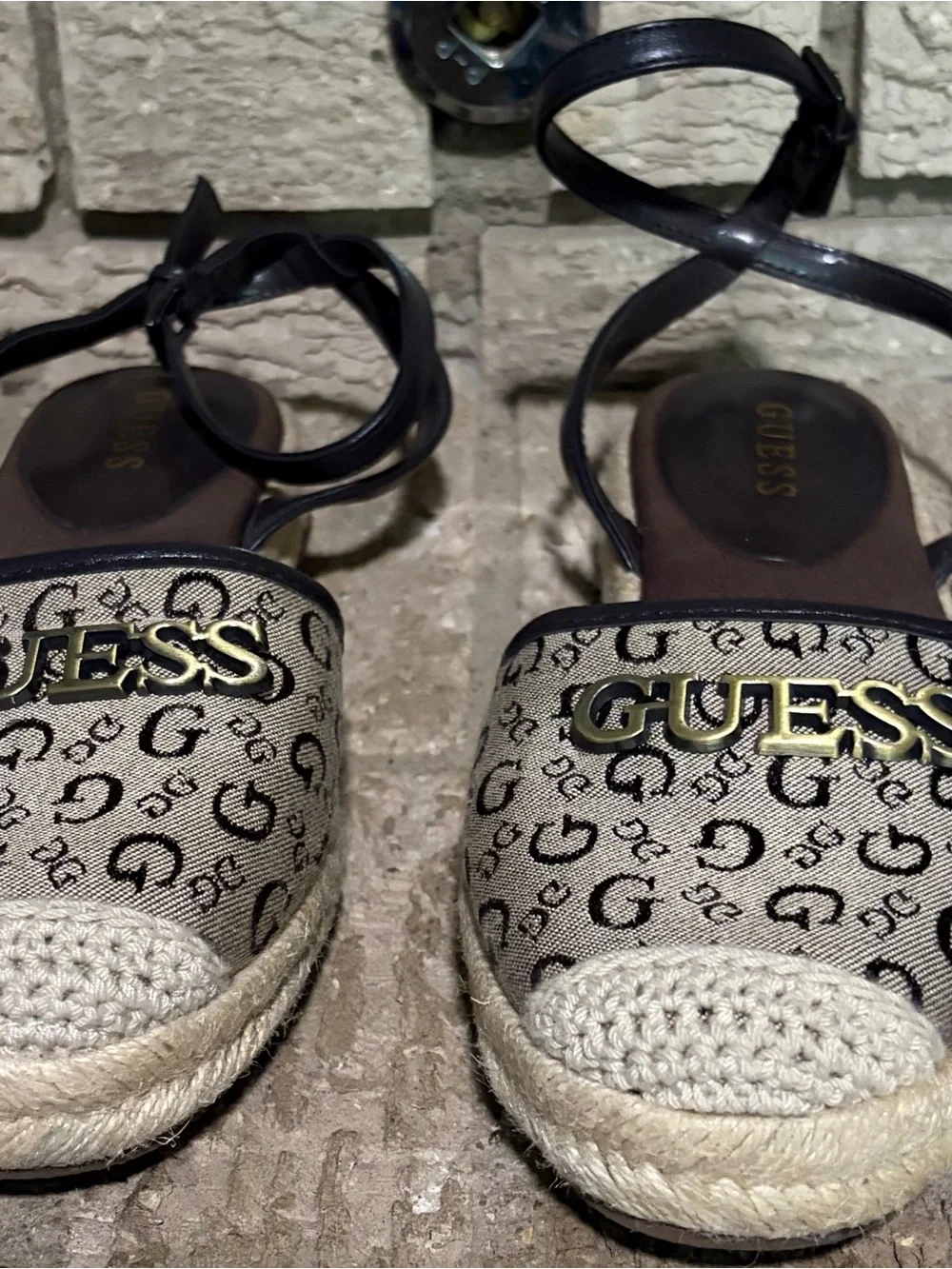 GUESS Beige Monogram Espadrille Wedges with Black Ankle Straps